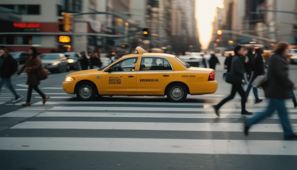 Pedestrians crossing a city street in motion blur while a taxi with a rooftop ad passes behind them