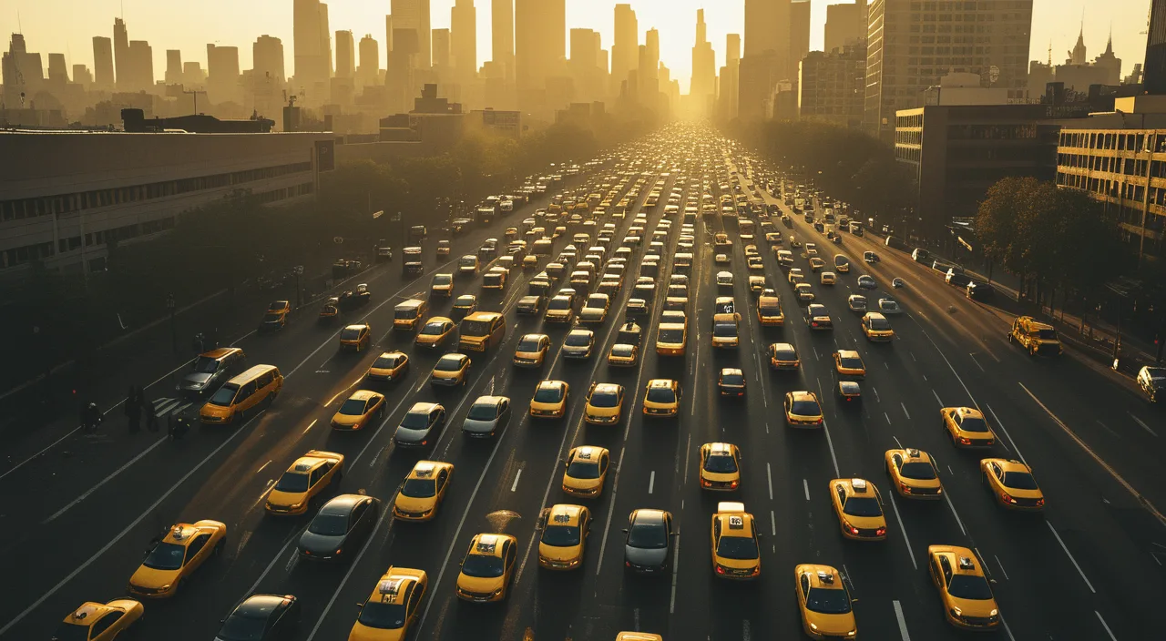 Elevated view of a wide city avenue filled with yellow taxis in golden-hour haze