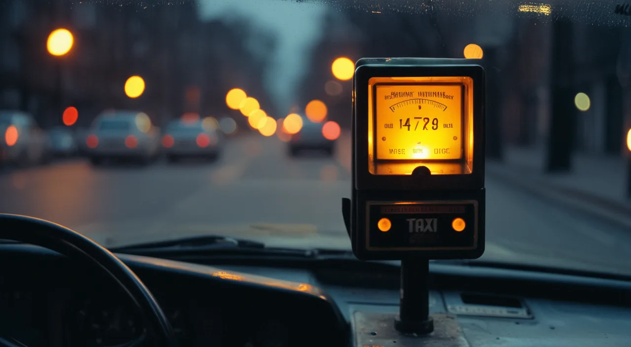 Close-up of a taxi fare meter glowing softly on a dashboard at dusk