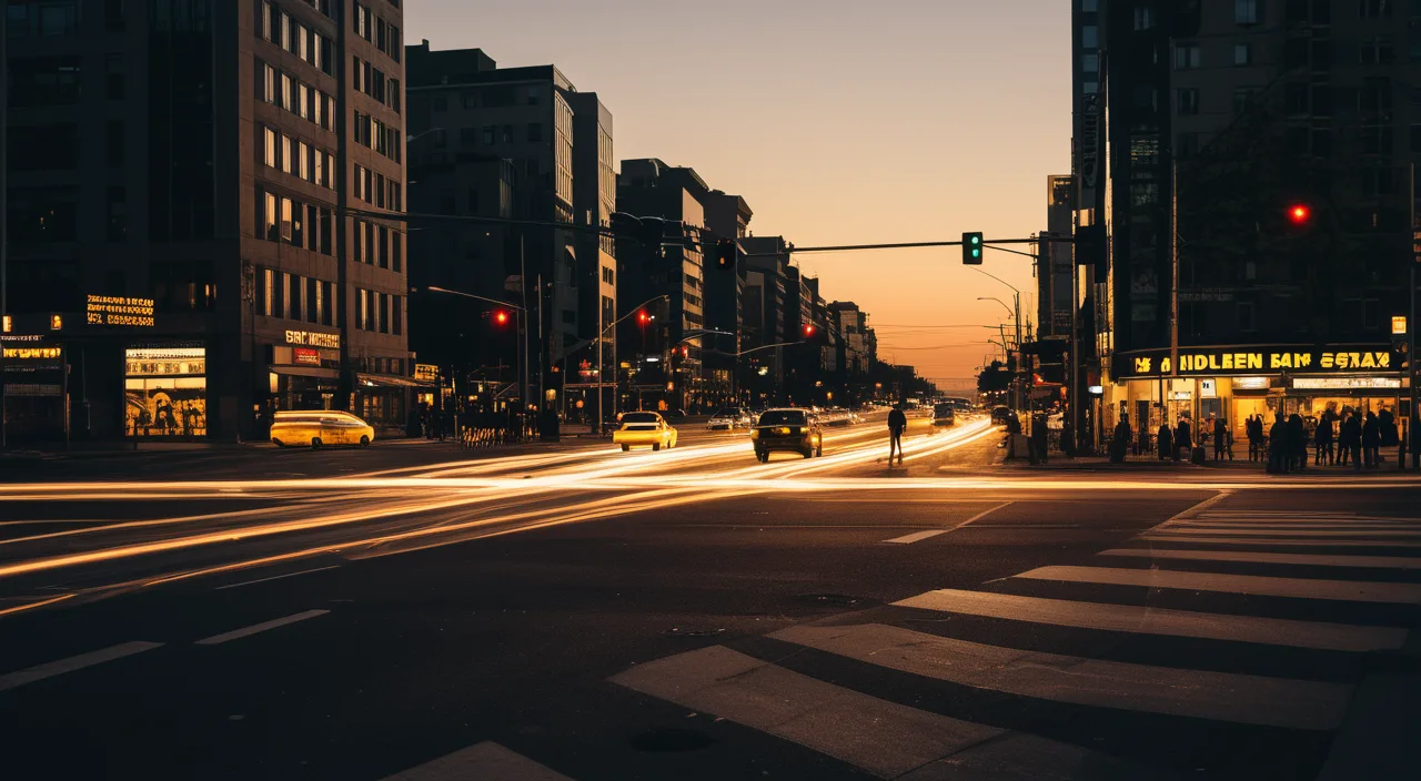 City intersection at dusk with light trails from passing taxis and pedestrians waiting at the corner