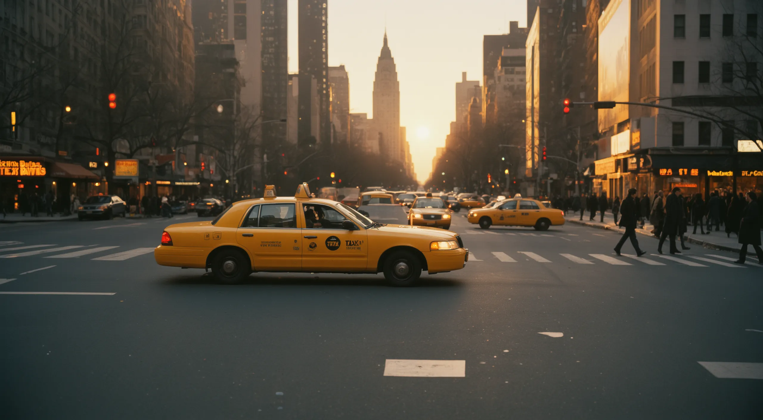 Yellow taxi with a rooftop advertising unit on a busy city avenue at dusk