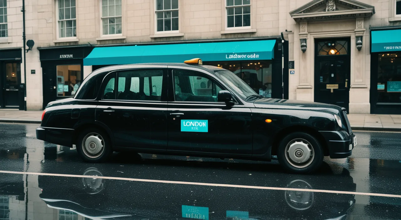 Black London taxi with a plain teal advertising panel on its side, on a wet city street