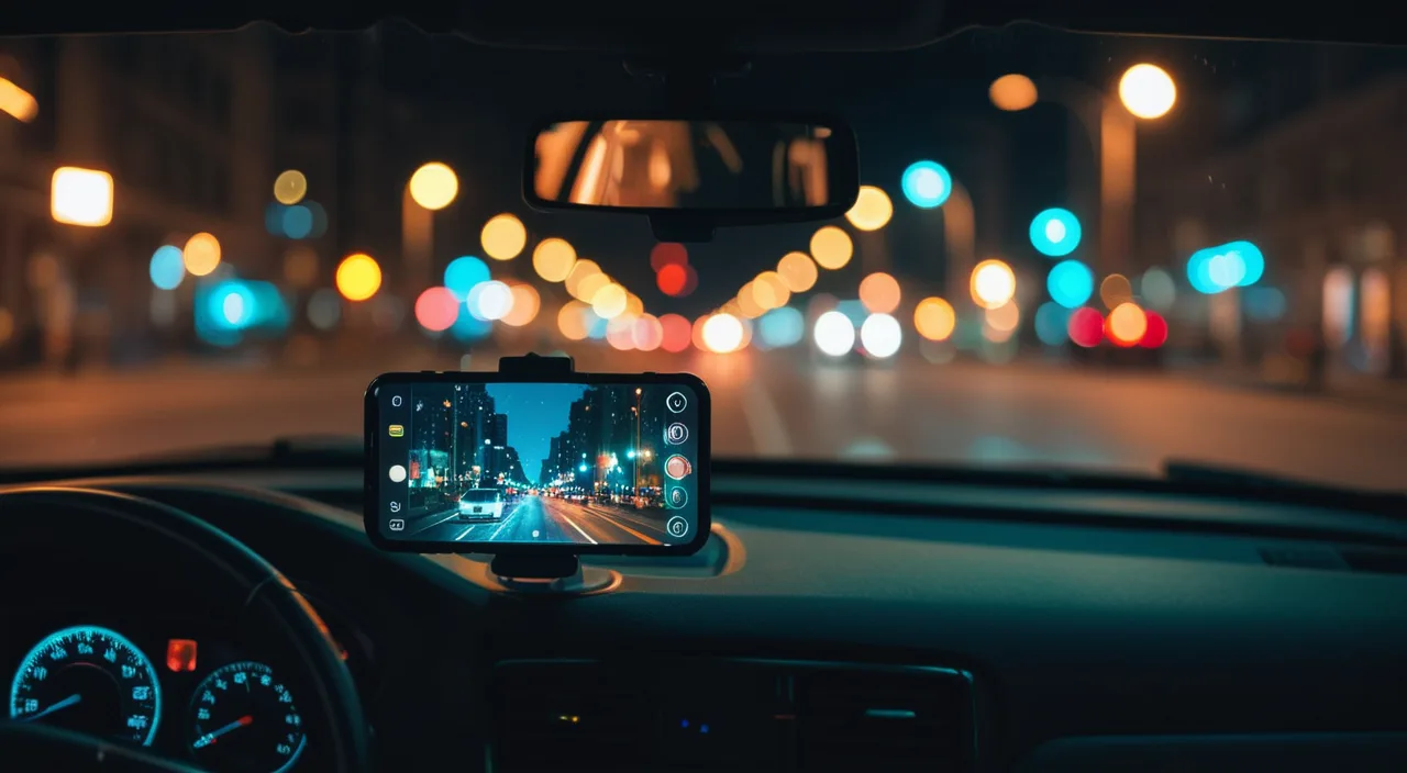View through a car windshield at night with a mounted phone glowing over city lights