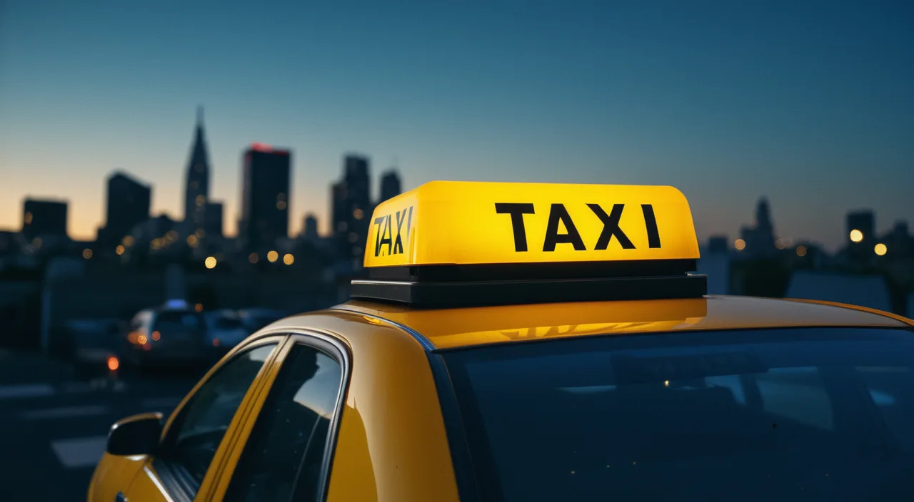 Illuminated rooftop sign on a yellow taxi against a blue-hour skyline