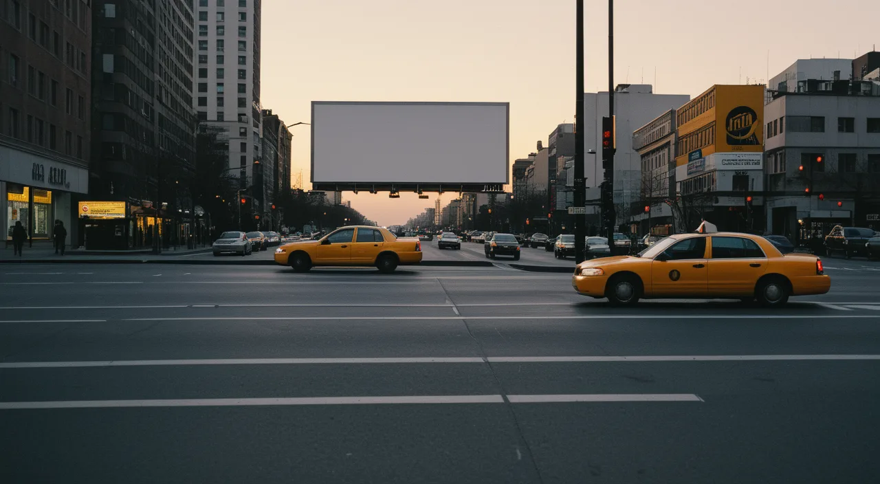 City avenue with a taxi in the foreground and a large blank billboard above the street
