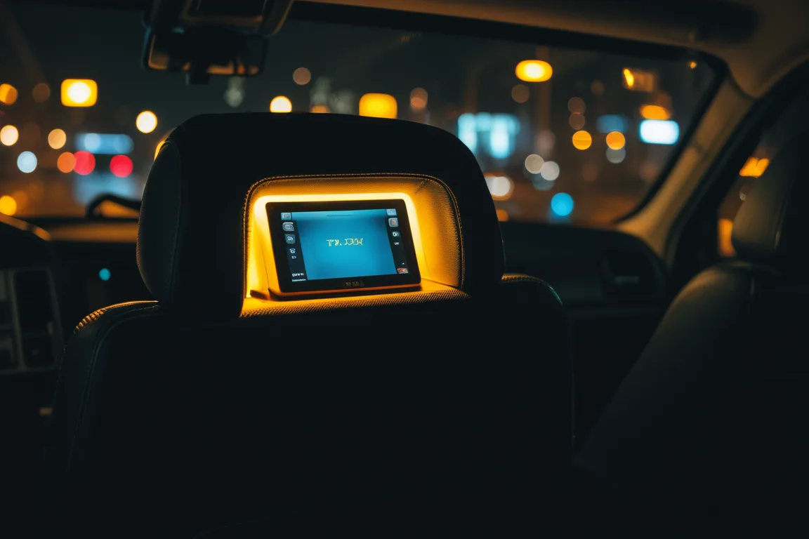 Taxi back seat at night with a glowing seatback screen
