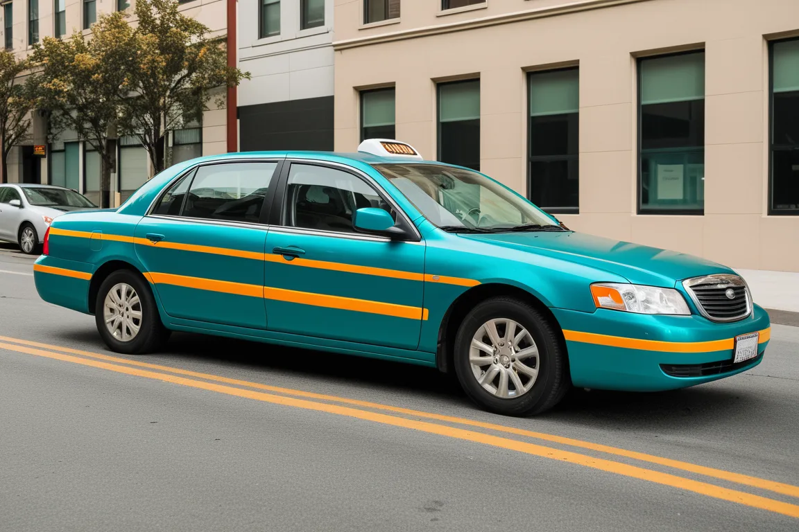Taxi covered in a two-tone vinyl wrap parked on a city street